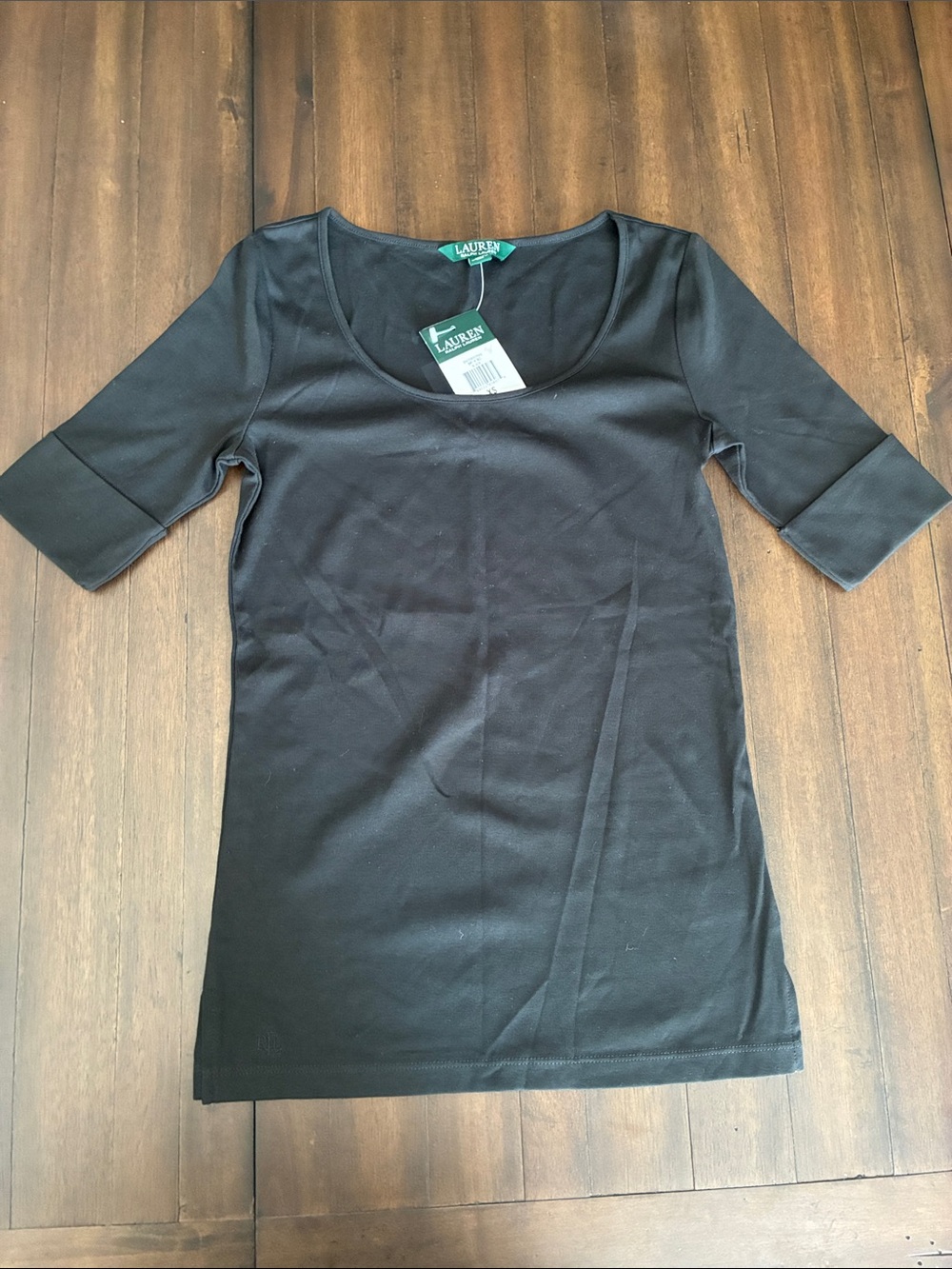 Lauren Ralph Lauren Black Scoop Neck Elbow-Sleeve Tee